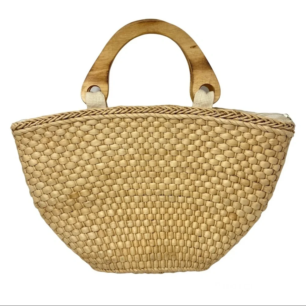 Hand Woven Straw with Wooden Handles Beach Bag.